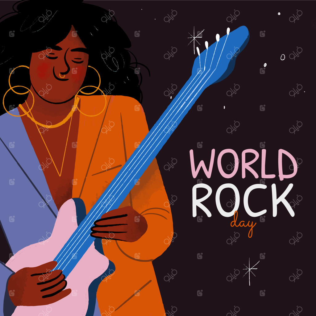 تصویرسازی روز جهانی راک با طراحی دستی و نوازنده گیتار در دست