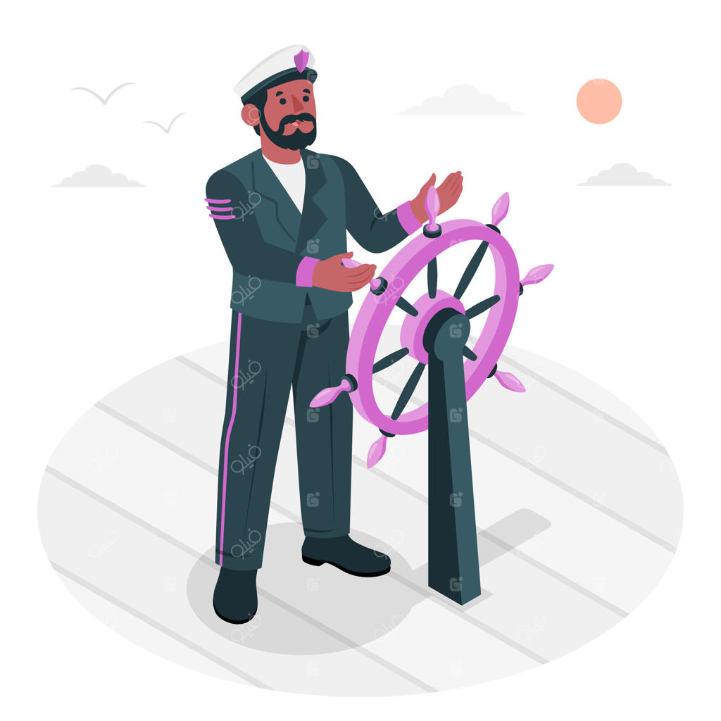 تصویر مفهومی ملوان در حال گرفتن فرمان کشتی