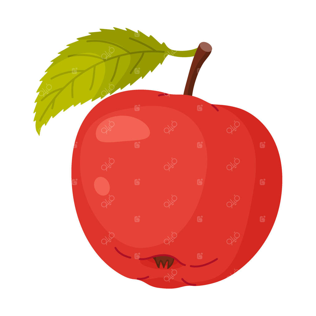 سیب قرمز رسیده با برگ، میوه تازه باغ. تصویرسازی خوراکی طراحی دستی. میوه کامل با برگ سبز، سبک ساده در پس‌زمینه شفاف
