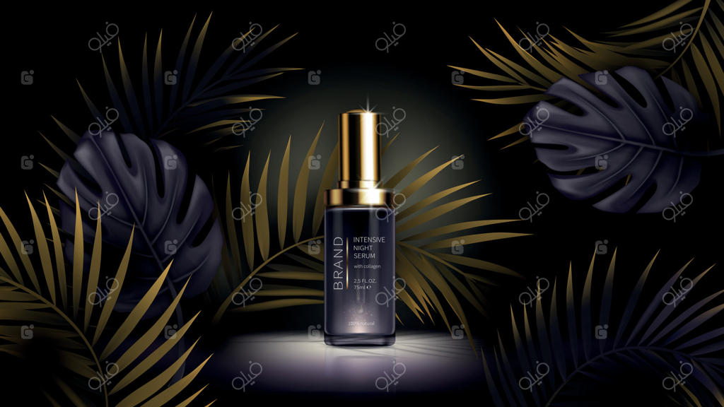پوستر تبلیغاتی واقع‌گرایانه محصولات مراقبت از پوست شب‌های تابستان؛ بطری‌های بنفش سرم کلاژن با برگ‌های نخل و انجیری مشکی و طلایی در پس‌زمینه تیره، موکاپ مجله
