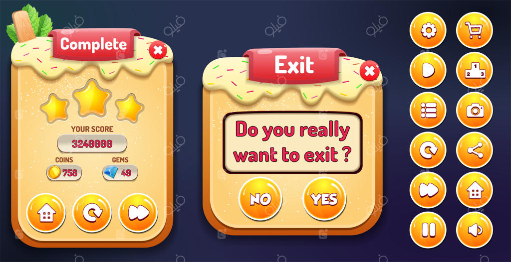 پایان مرحله و نمایش منوی خروج با امتیاز ستاره‌ها و دکمه‌های رابط کاربری