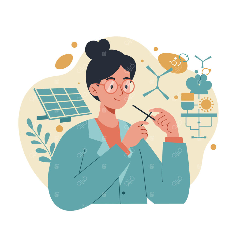 دانشمند زن در حال مطالعه انرژی‌های تجدیدپذیر و علوم مولکولی با تصویر نمادهای پنل خورشیدی و فناوری