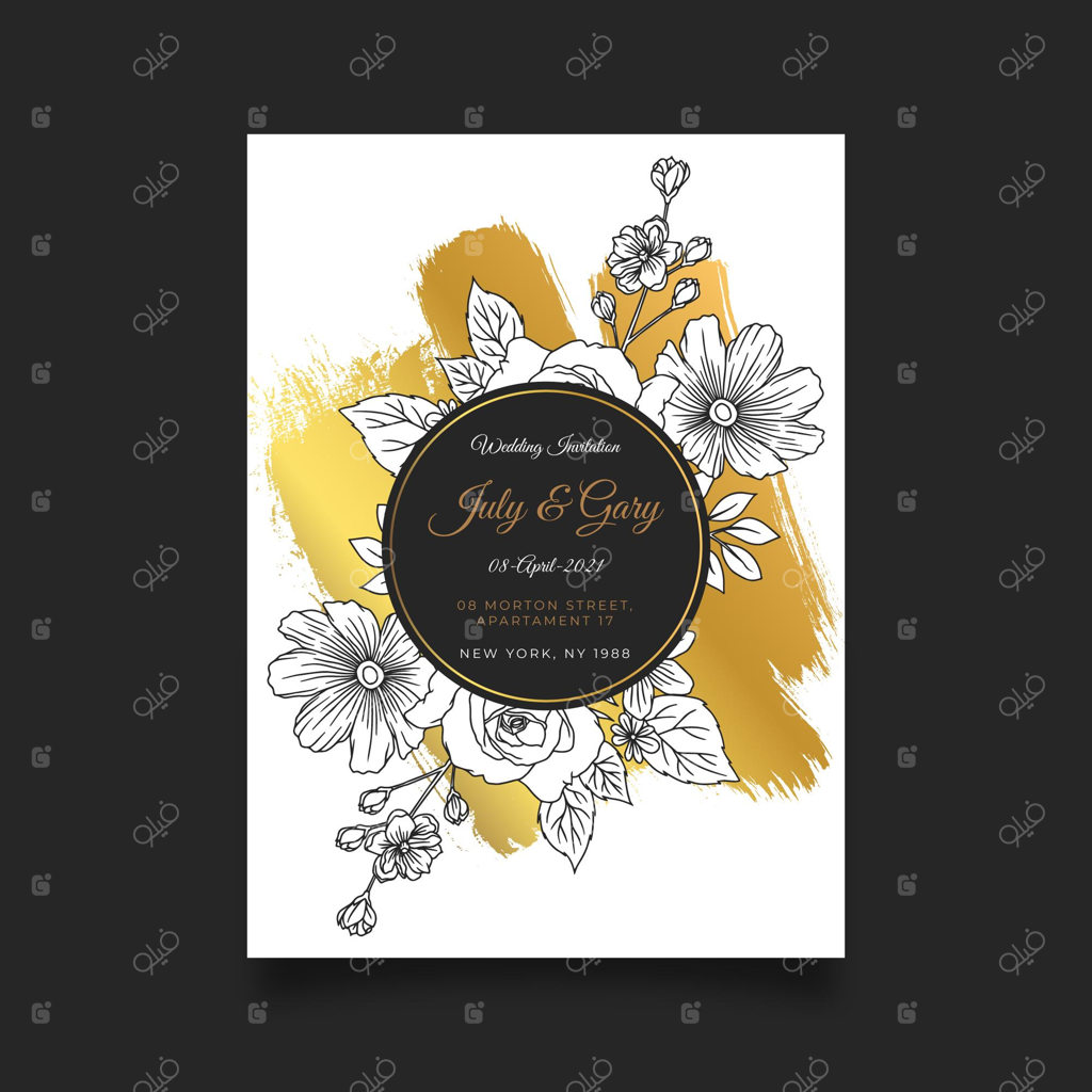 قالب کارت دعوت عروسی طلایی با طراحی دستی