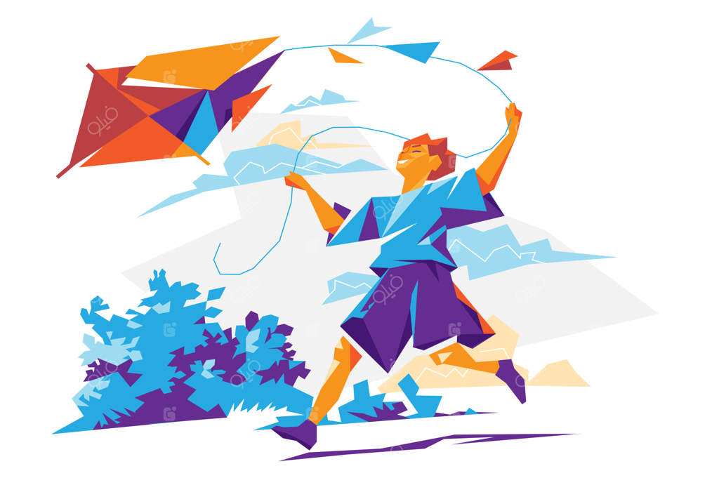 پسر بچه خوشحال که با بادبادک می‌دود