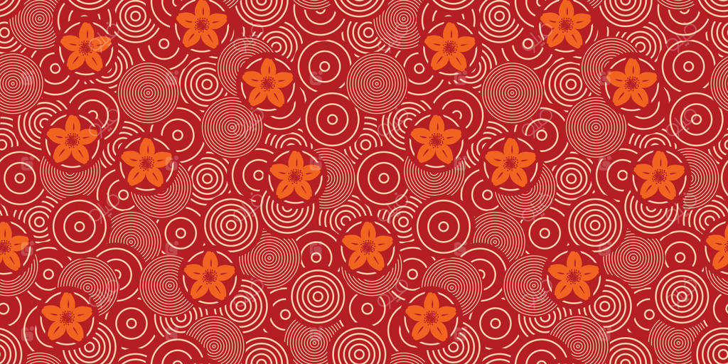 طرح بدون درز با دایره‌های هم‌مرکز و گل‌های نارنجی روی زمینه قرمز. طراحی هندسی و گل‌دار ژاپنی برای منسوجات و لوازم‌التحریر. مناسب برای چاپ‌های پارچه‌ای و کاغذ دیواری‌ها.