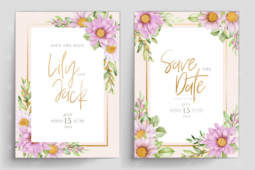 ست کارت دعوت عروسی با طرح گل‌ داوودی آبرنگی