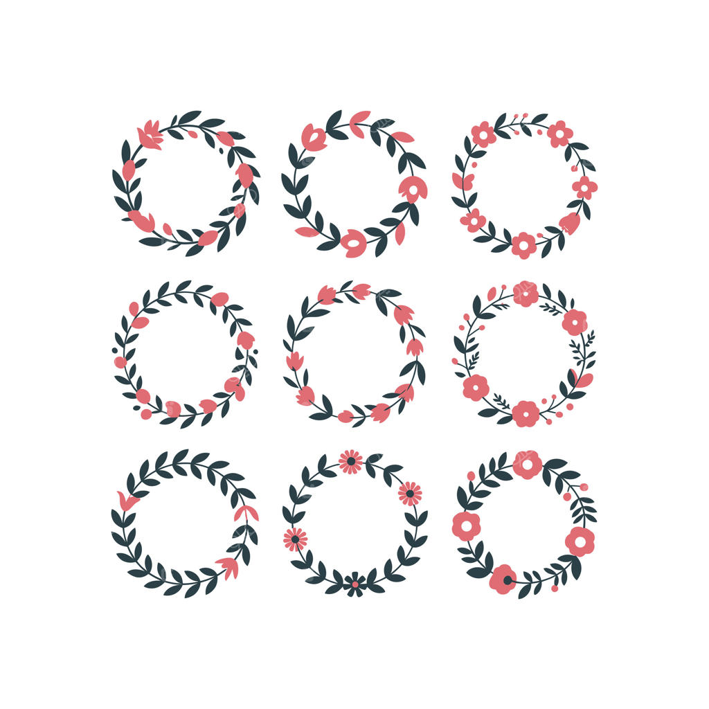 نه تاج گل با گل‌های صورتی و برگ‌های سبز تیره با قاب گل سفید و حاشیه گلی