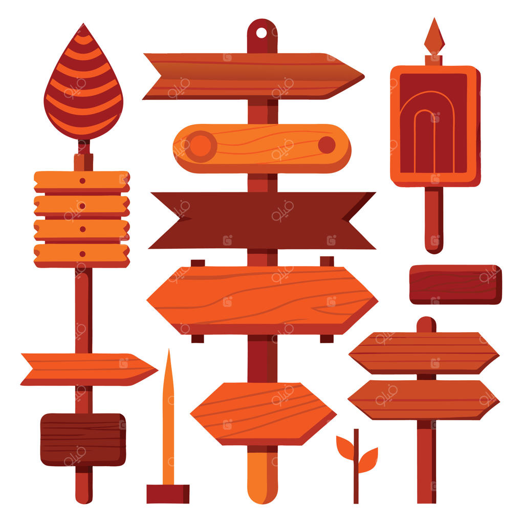 مجموعه‌ای از علائم چوبی کارتونی با سبک‌های مختلف فلش برای راهنمایی در فضای باز
