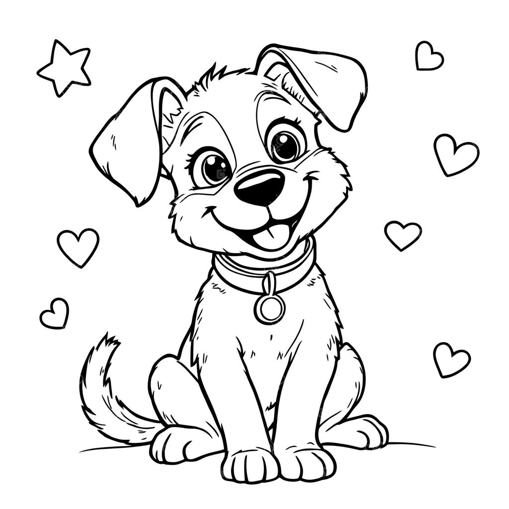 صفحه رنگ‌آمیزی توله‌سگ خوشحال دوست‌داشتنی با قلب‌ها و ستاره‌ها برای کودکان و بزرگسالان