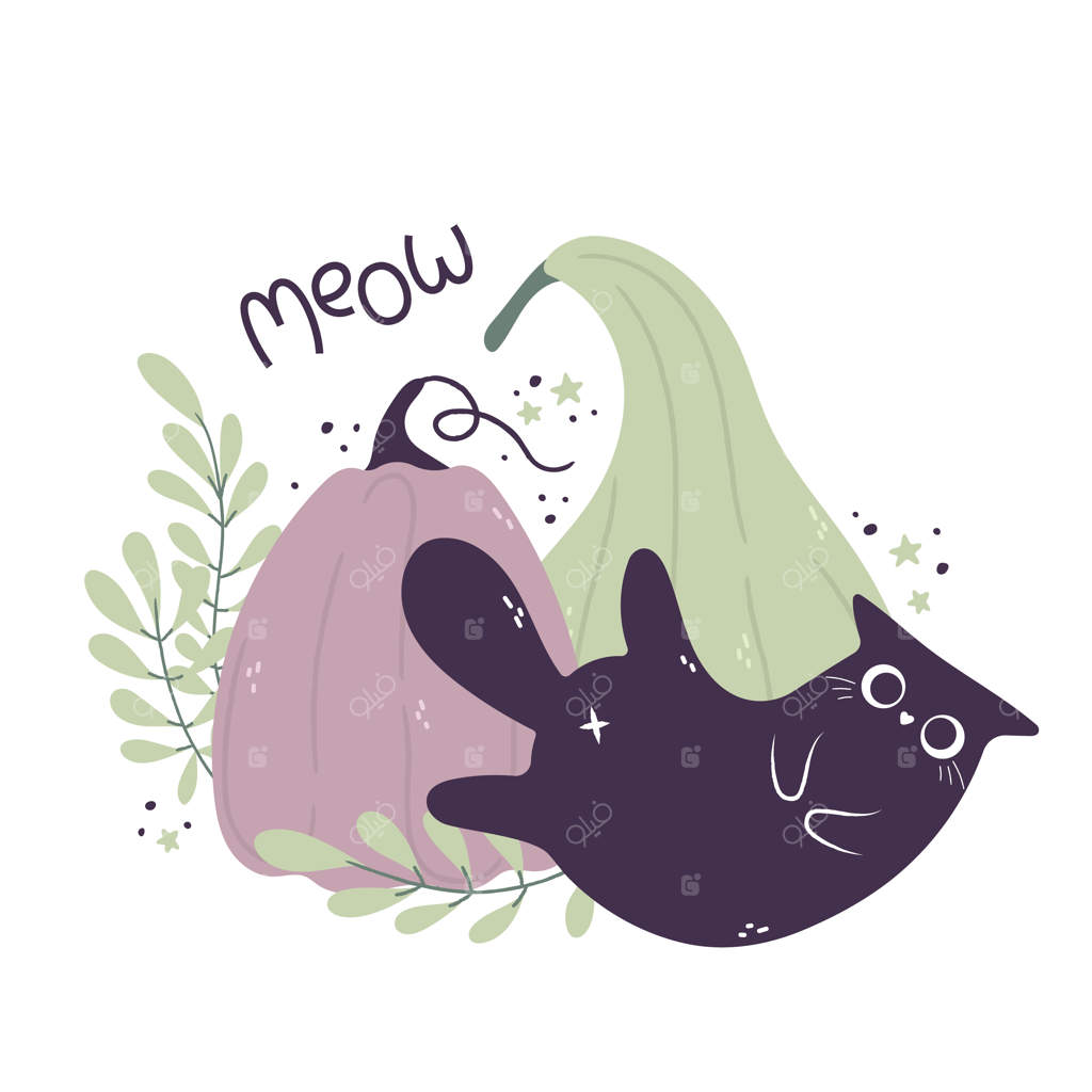 کارت گربه‌ها و کدوها با شخصیت‌های کارتونی در کنار برگ‌ها و گل‌ها - ترکیب وکتور برای طراحی‌های پاییزی، شکرگزاری یا هالووین