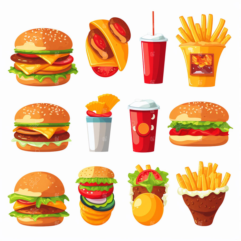 وکتور آیکون همبرگر و تصویرسازی فست‌فود، پیتزا و ساندویچ برای منوی رستوران