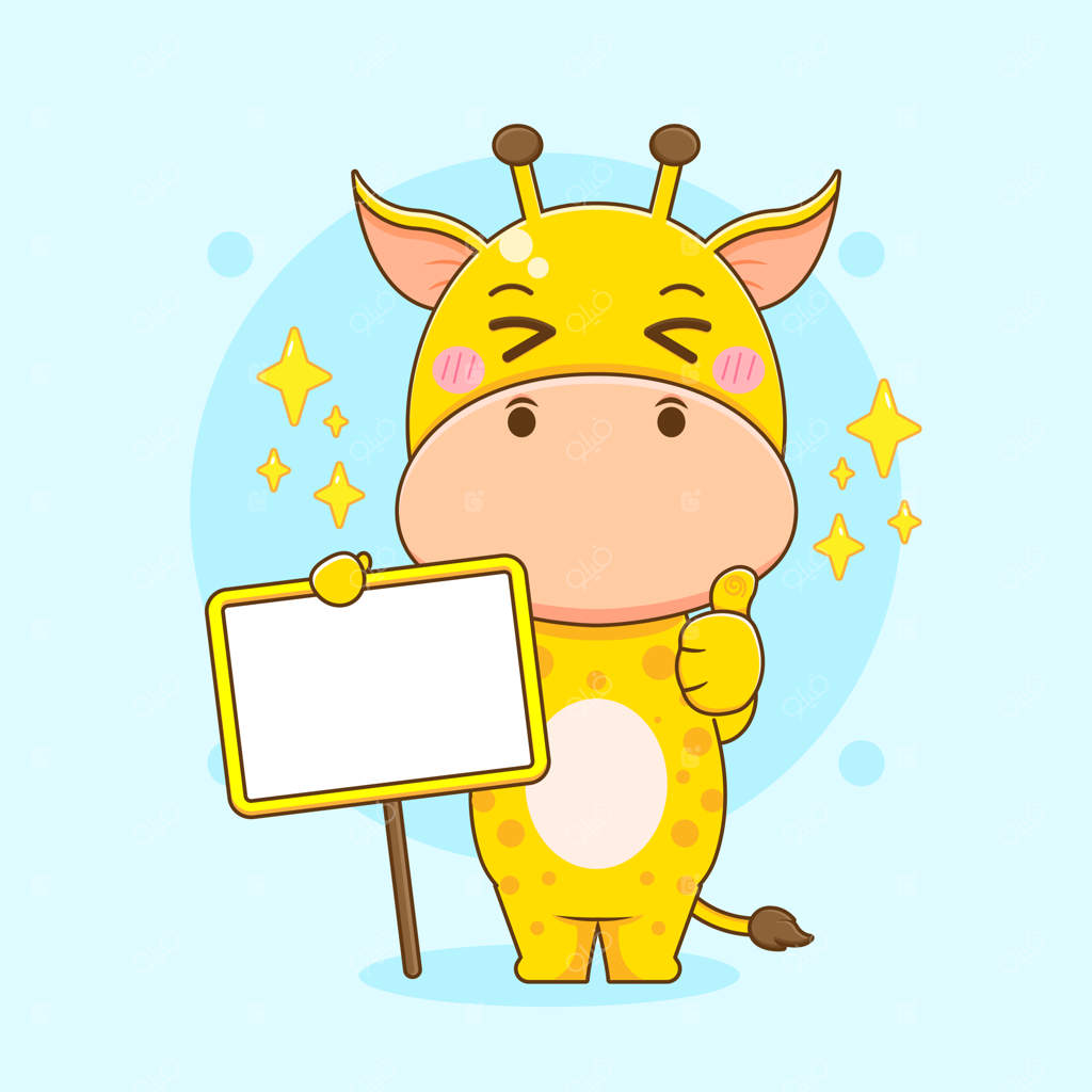 تصویر کارتونی زرافه بامزه با تخته خالی و علامت تایید