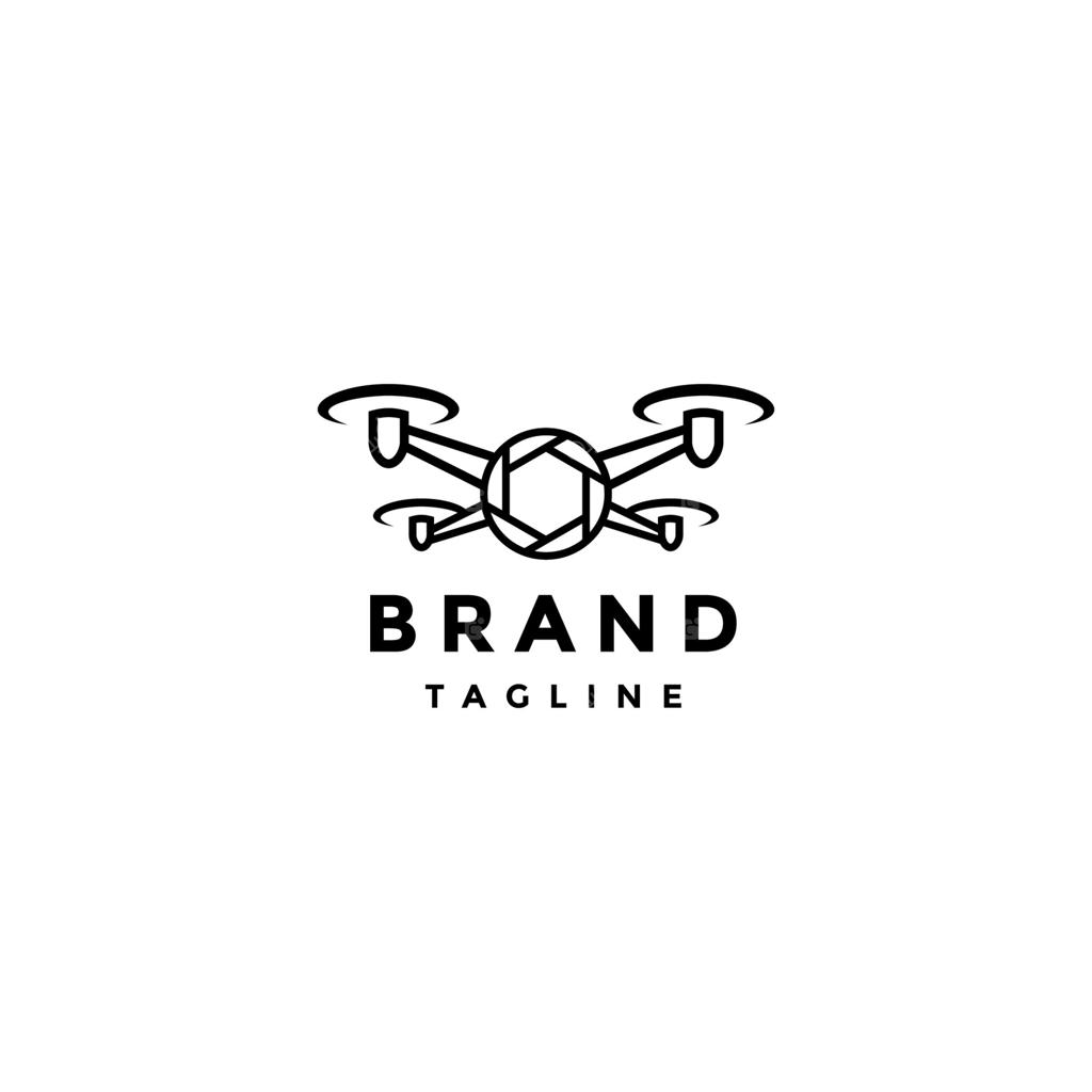 طراحی لوگوی خطی ساده برای عکاسان با پهپاد: لوگوی دوربین با شاتر خطی و چهار پروانه.