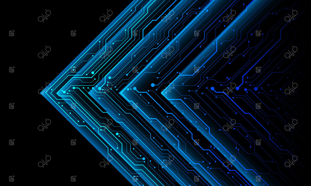 پیکان آبی فناوری: مدار سایبری و جهت‌گیری هندسی در طراحی مدرن و آینده‌نگر پس‌زمینه مشکی