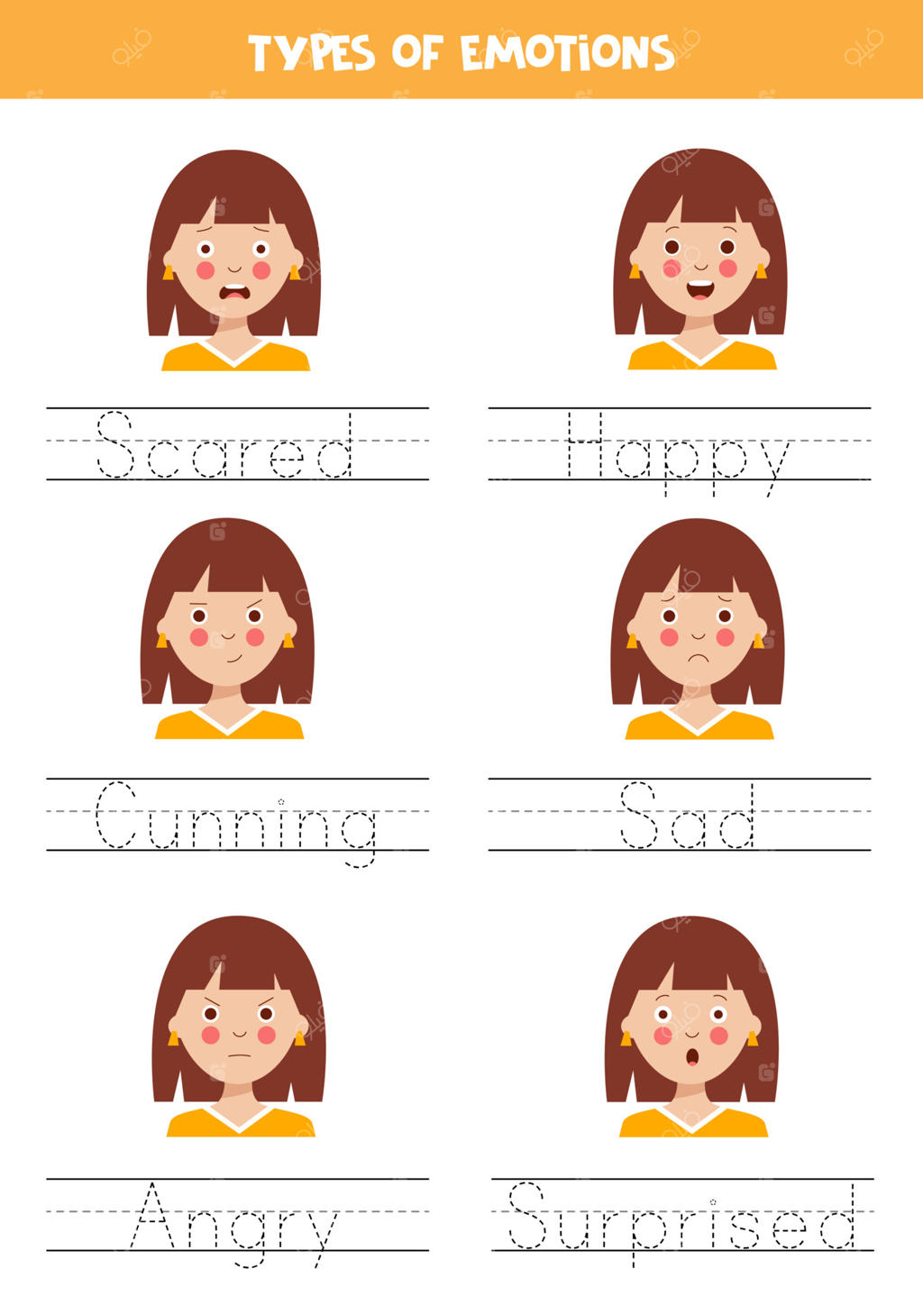 تمرین نوشتن و رونویسی نام انواع احساسات