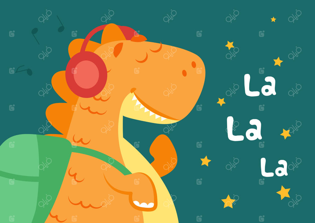 پوستر دایناسور کوچولو: طراحی وکتور شاد و بامزه از دایناسور کارتونی برای پسر بچه‌ها، لذت بردن از موسیقی و چاپ تیشرت با حیوان بانمک و هیولای خنده‌دار