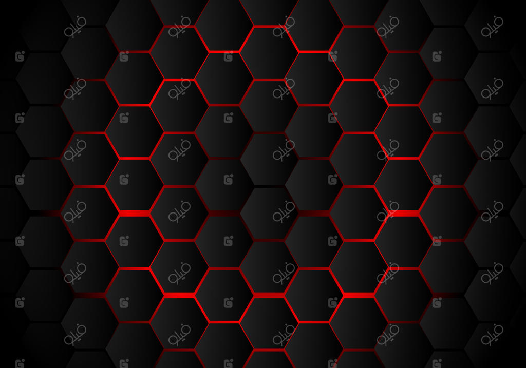 الگوی انتزاعی شش‌ضلعی سیاه بر روی پس‌زمینه نئون قرمز به سبک فناوری