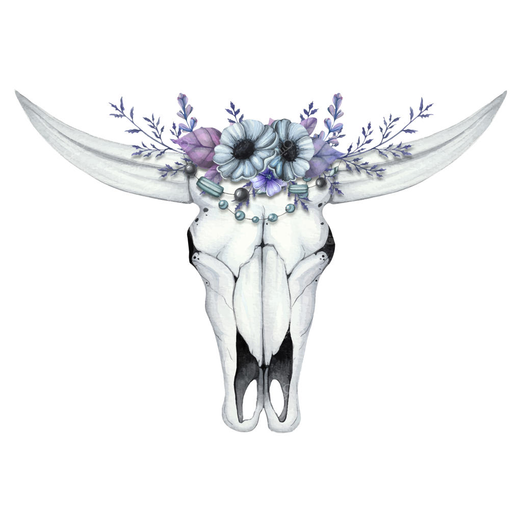 تصویر آبرنگی با جمجمه بوفالو و تاج گلی از گل‌ها