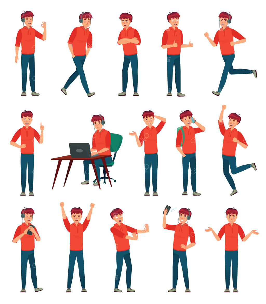 شخصیت کارتونی نوجوان پسر: مجموعه‌ای از تصاویر وکتور پسر در حالت‌ها و حرکات مختلف