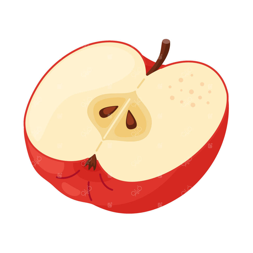 نیمه سیب قرمز رسیده، میوه تازه باغ. تصویرسازی دستی کلیپ‌آرت غذا. نصف سیب قرمز تازۀ باغ، تصویرسازی مسطح با پس‌زمینه شفاف.