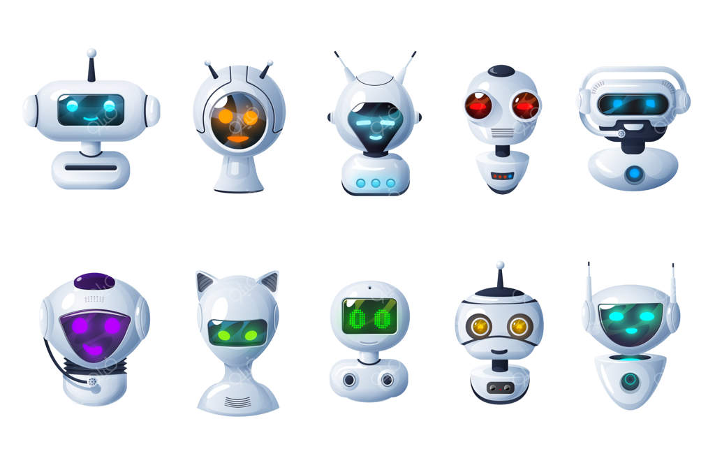 آیکون‌های چت‌بات: ربات‌های کارتونی، سرهای سایبورگ با چهره‌های درخشان دیجیتالی، میکروفون‌ها و آنتن‌ها.