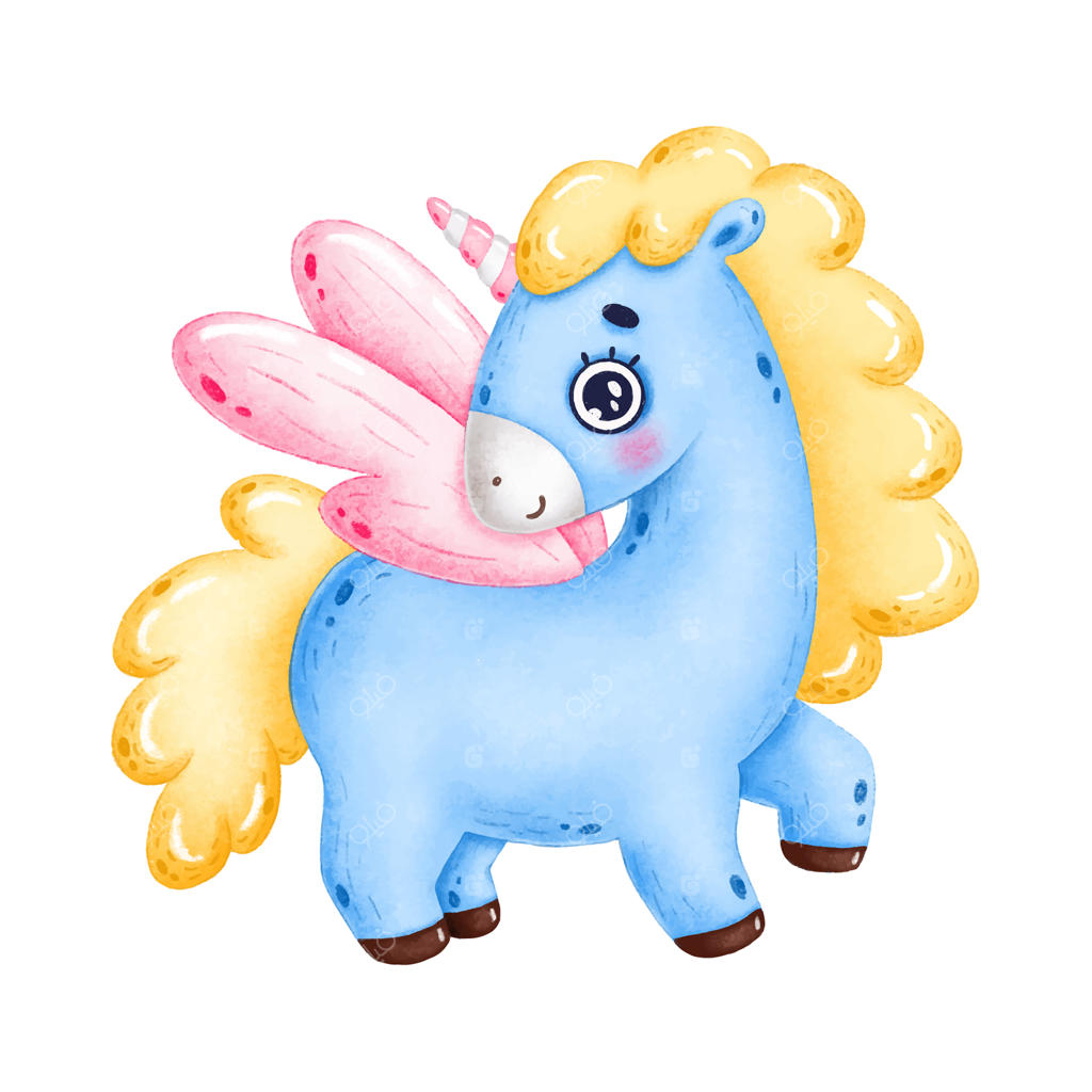 یونیکورن کارتونی آبی با بال‌های زرد بامزه و دوست‌داشتنی