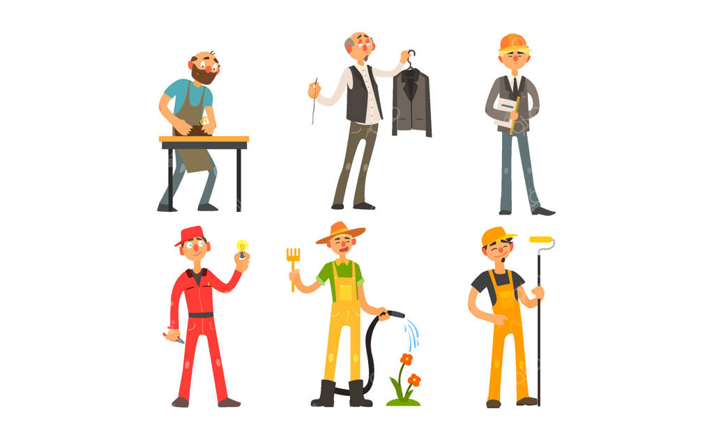 افراد حرفه‌های مختلف: نجار، خیاط، معمار، سرکارگر، برق‌کار، باغبان، نقاش - تصویرسازی