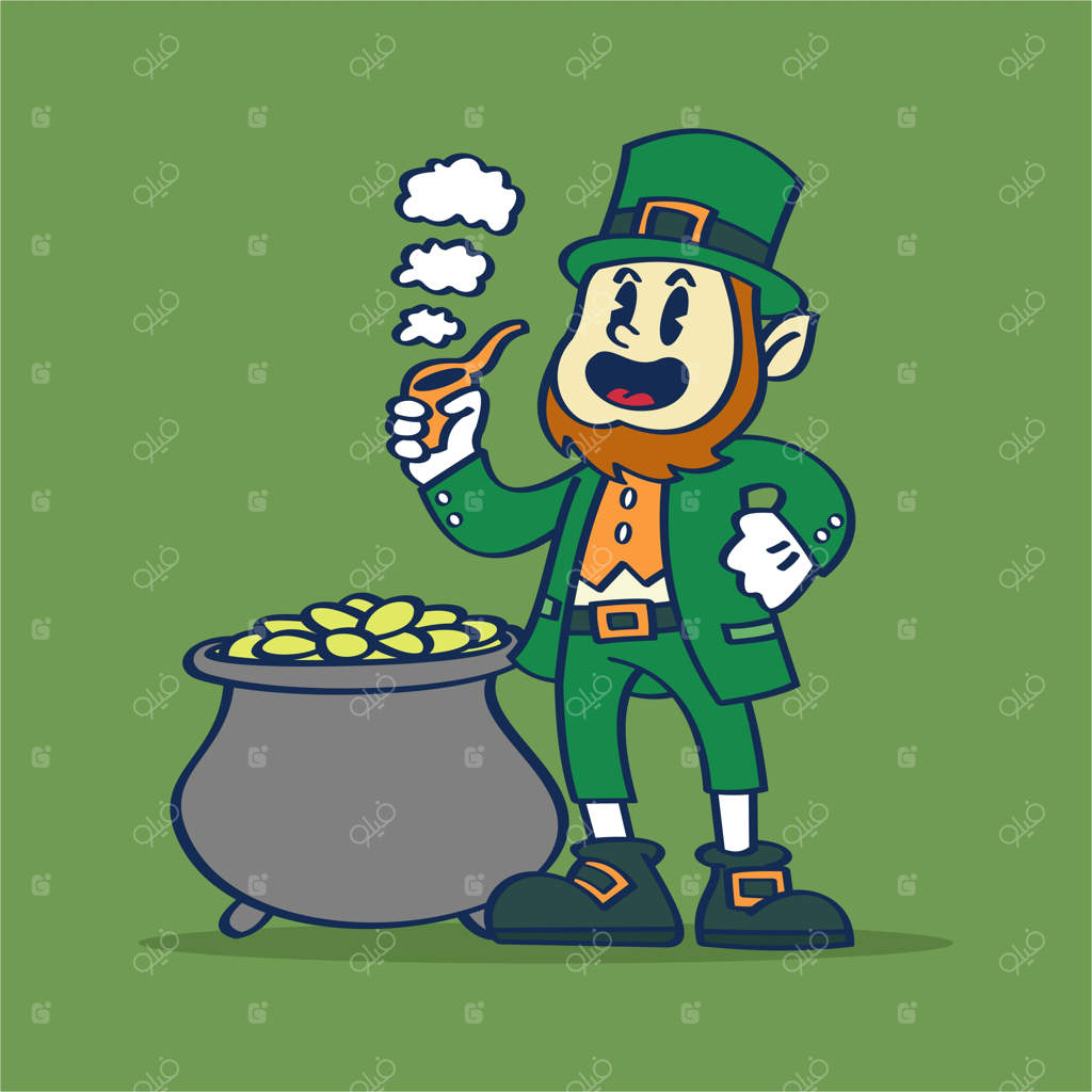 کارتون یک لپرکان با دیگ طلای رسم دستی وکتور