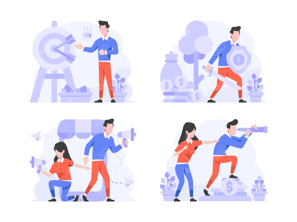 سبک طراحی فلت: مرد و زن در حال هدف‌گذاری بازار، محافظت با سپر، بازاریابی شبکه‌های اجتماعی، چشم‌انداز شرکت