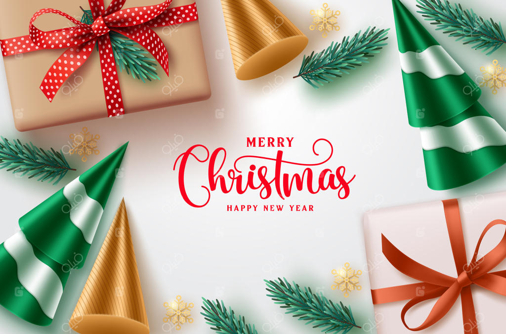 طراحی پس‌زمینه وکتور کریسمس مبارک به همراه متن تبریک و تزئیناتی مانند جعبه هدیه