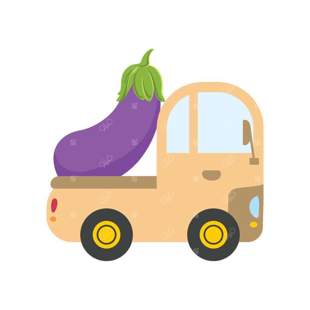 ماشین بامزه با بادمجان غول‌پیکر، نمای کناری، تحویل غذا، ارسال سبزیجات تازه از باغ، تصویرسازی