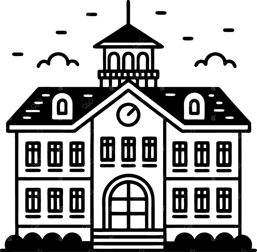 تصویرسازی جذاب مدرسه با برج و ساعت، مناسب برای پروژه‌های آموزشی و کاردستی