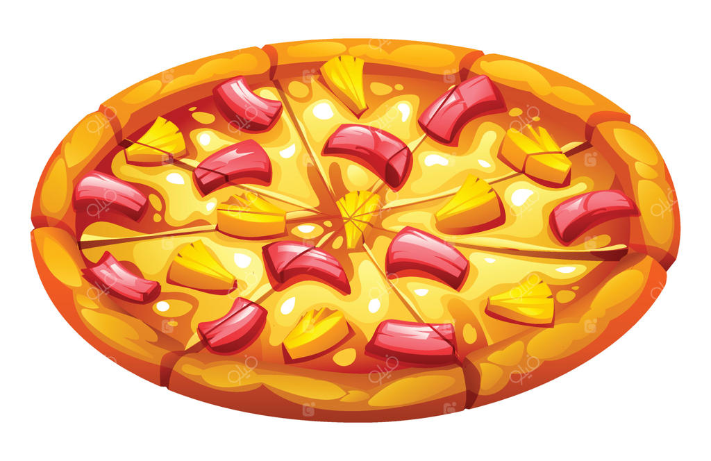 پیتزای کامل هاوایی با ژامبون و آناناس برش‌خورده روی زمینه سفید - تصویر کارتونی