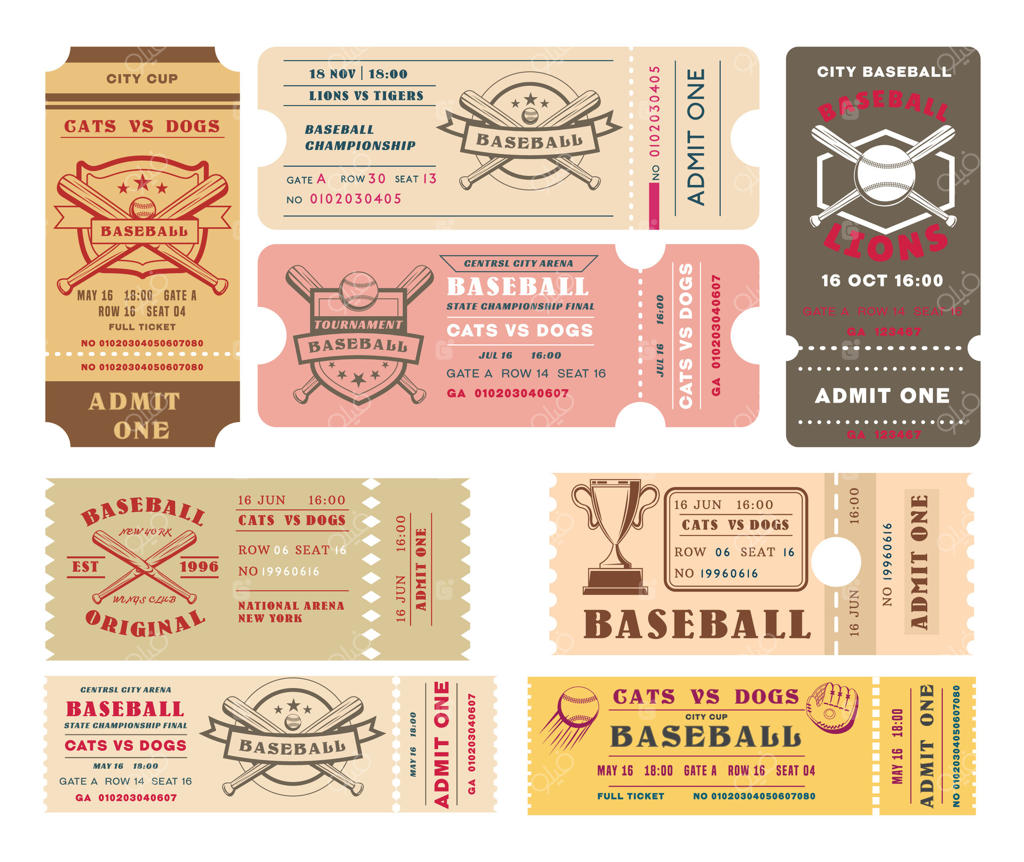 طراحی گرافیکی زیبای مجموعه بلیت‌های قدیمی بیسبال با نمایش تاریخچه غنی ورزش