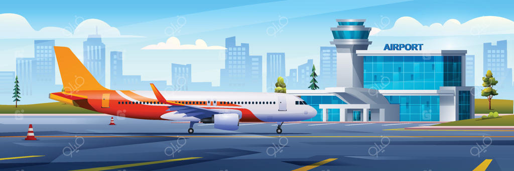 ساخت فرودگاه بین‌المللی با هواپیما، ترمینال، گیت و باند فرود در پس‌زمینه شهر. تصویرسازی کارتونی وکتور