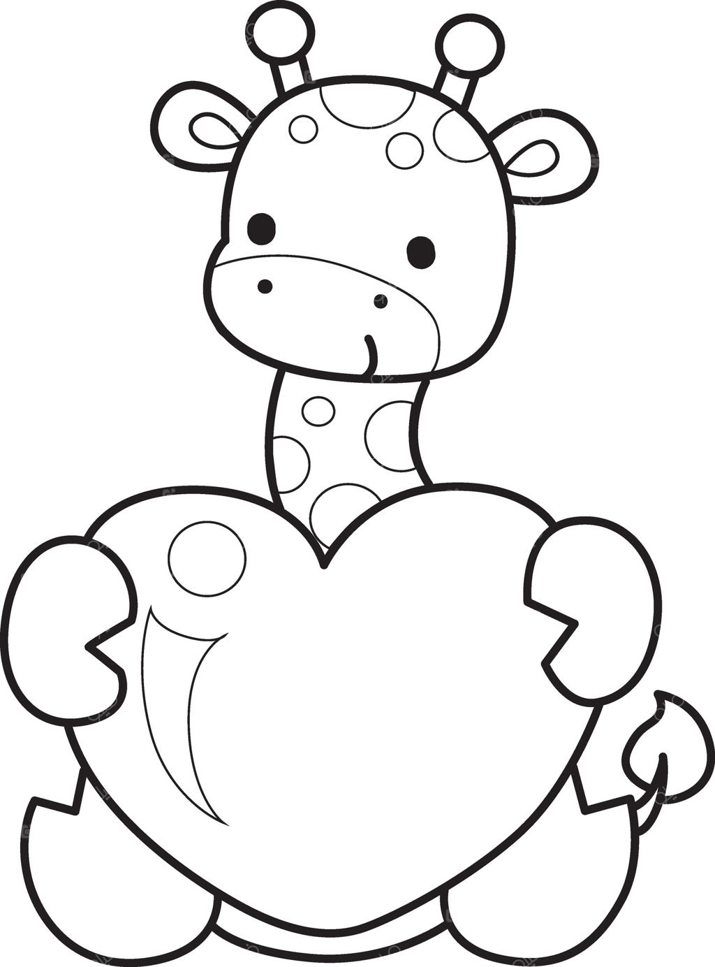 طرح زرافه با قلب قرمز در دست. صفحات رنگ‌آمیزی زرافه بامزه.