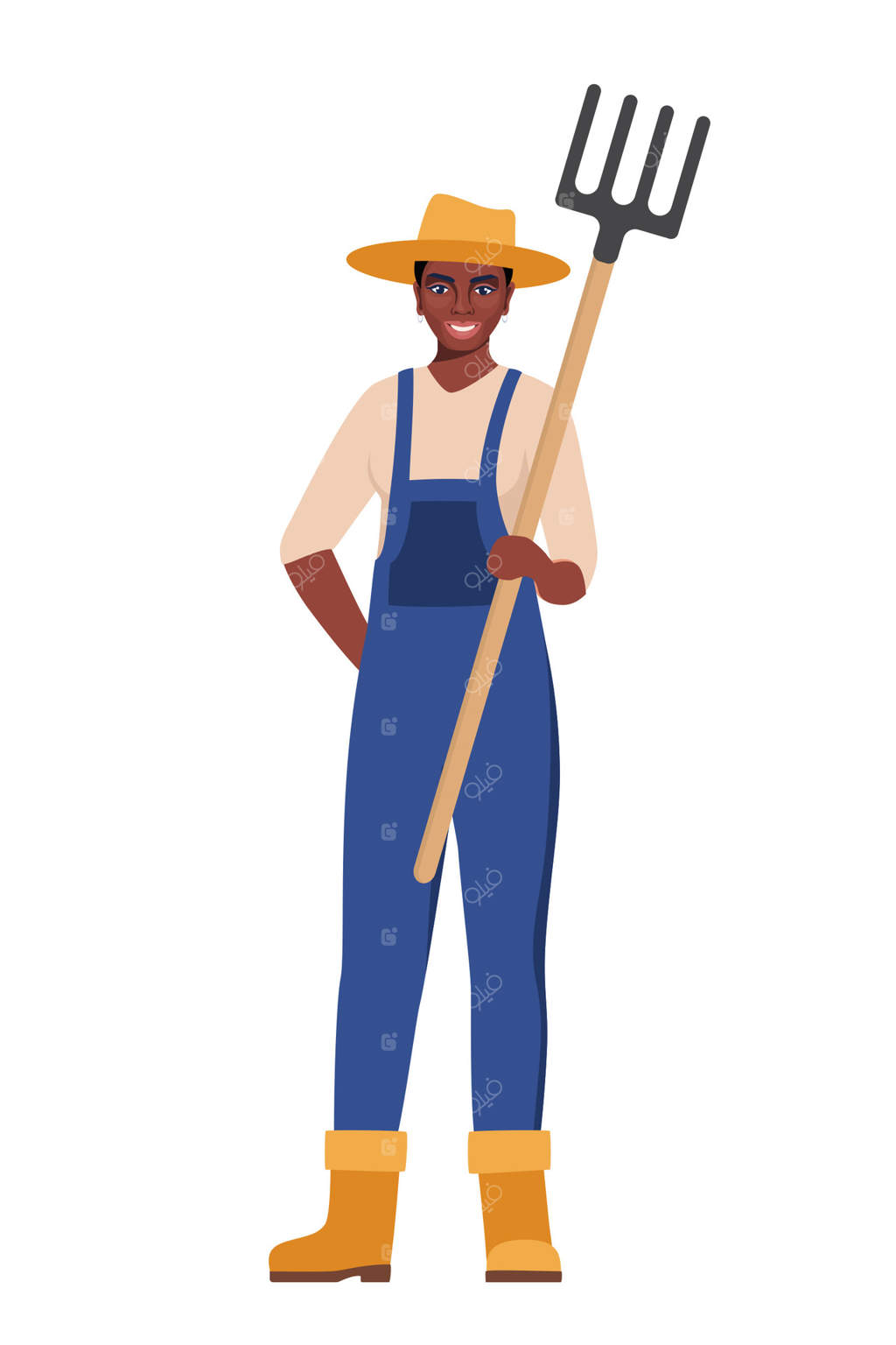 زن کشاورز سیاه‌پوست با چنگک در دست. کار کشاورزی و باغبانی. کارگر کشاورزی با ابزار باغ. زن باغبان و متخصص کشاورزی. تصویرسازی.