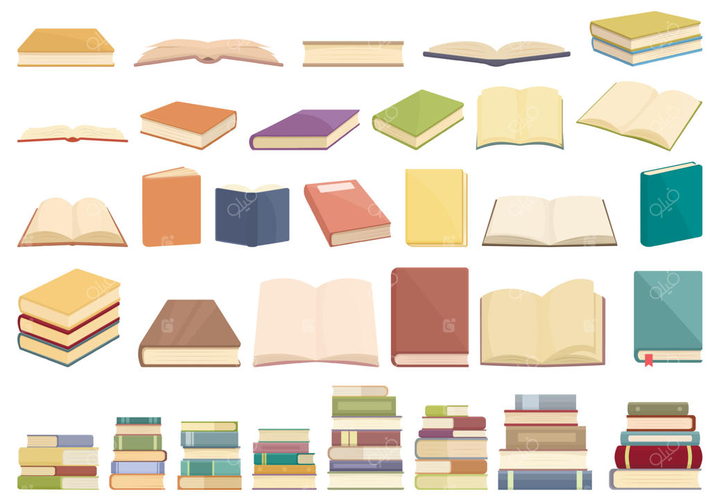 مجموعه آیکون‌های انتشار کتاب به سبک کارتونی. کتابخانه مدرسه