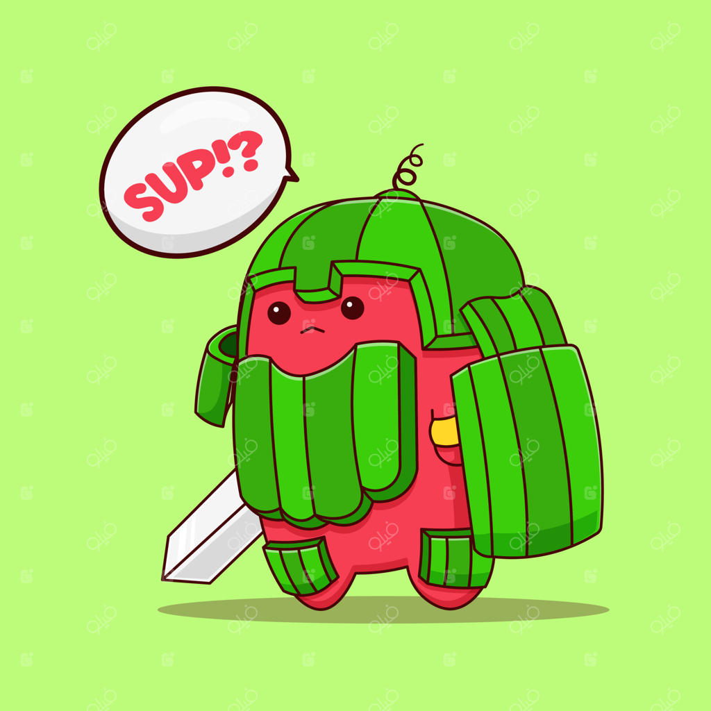 تصویرسازی مسکات شوالیه هندوانه‌ای بامزه در حالت ایستاده