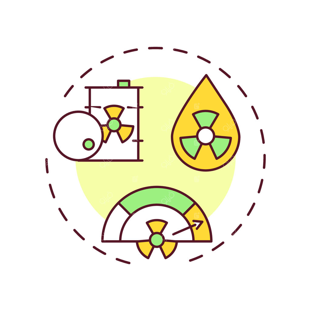 نماد مفهومی چندرنگی زباله‌های سطح بالا: بازفرآوری سوخت هسته‌ای مصرف شده. نوعی از مواد هسته‌ای. طراحی دایره‌ای شکل و انتزاعی. طراحی گرافیکی مناسب برای جزوه.