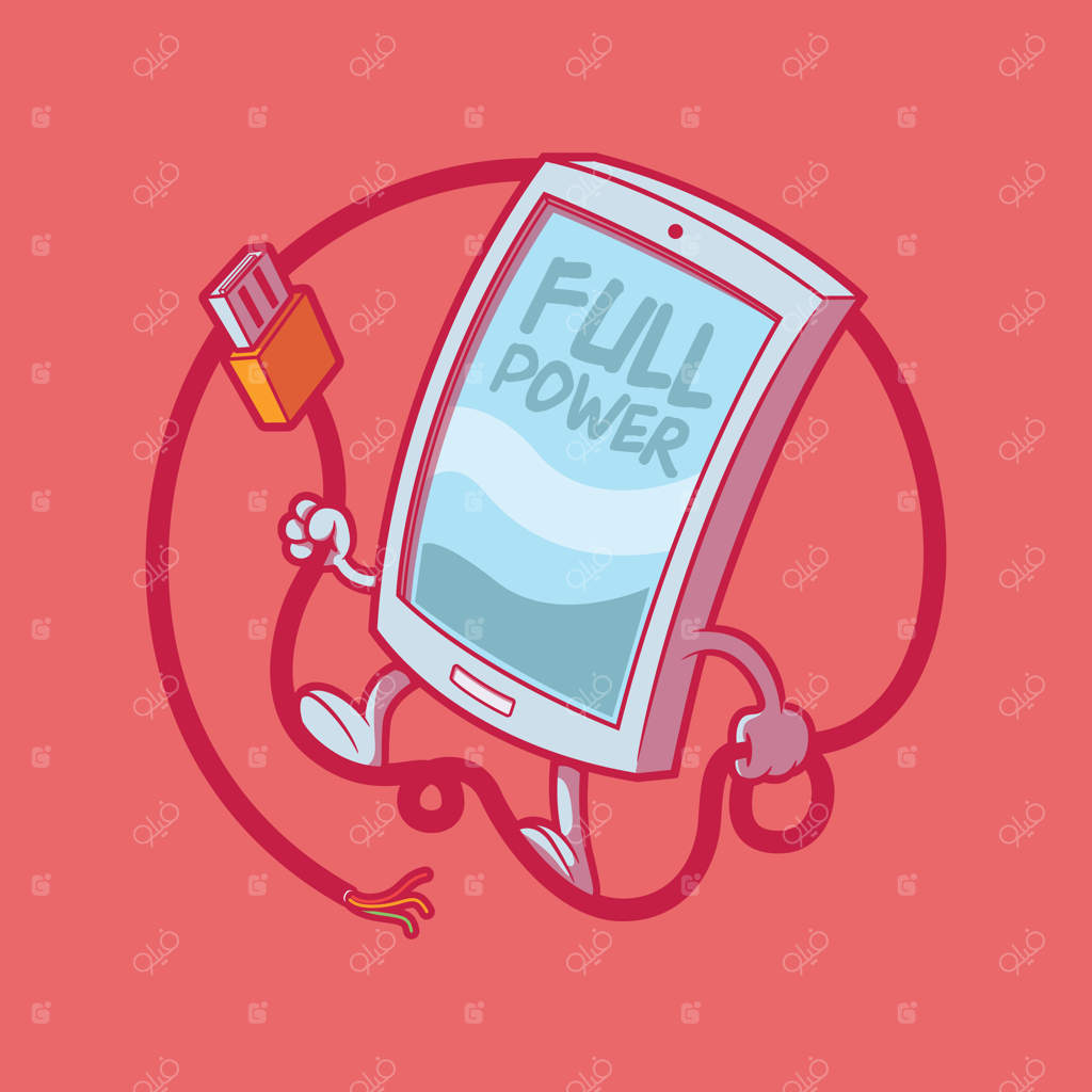 شخصیت گوشی هوشمند با کابل شارژ - تصویر وکتور. مفهوم طراحی فناوری و انرژی.