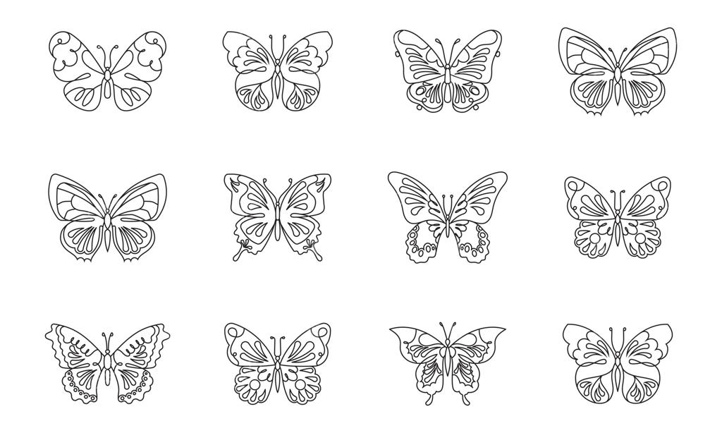 طراحی پروانه‌ها: مجموعه‌ای از شابلون پروانه، بال‌های شب‌پره و حشرات پرنده به صورت طرح‌های ساده و جداگانه