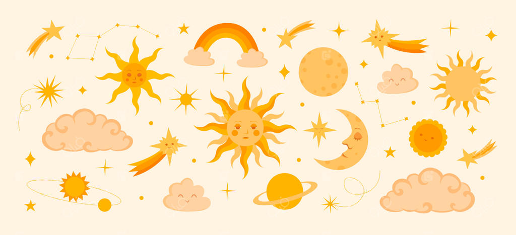 کلیپ‌آرت با موضوع نجوم: خورشید با چهره‌ها، ماه، سیاره‌ها، ابرها، رنگین‌کمان، ستاره‌ها، صور فلکی و دنباله‌دارها. ایده‌آل برای پوسترها و کتاب‌های کودکان، لباس، آموزش و پارچه‌های بچگانه.