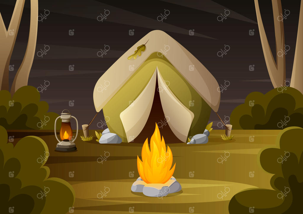 کمپینگ شبانه در جنگل با چادر و آتش، تفریح در طبیعت و تجهیزات سفر