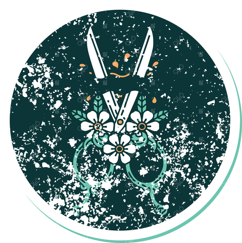 تصویر نمادین خالکوبی برچسب دار از قیچی آرایشگری و گل‌ها