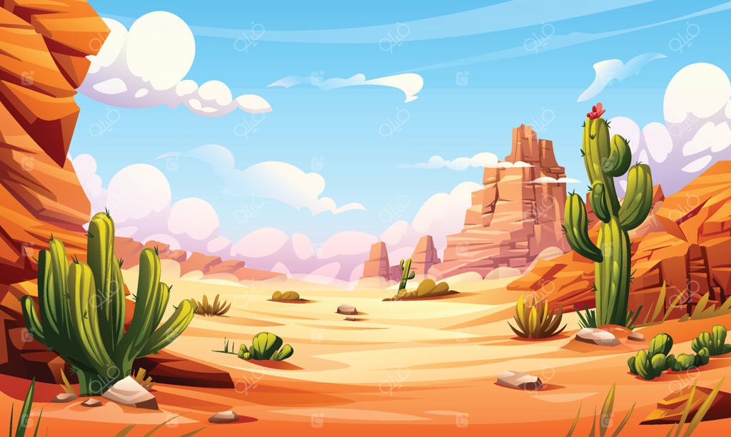 منظره‌ صحرا با کاکتوس، صخره‌های سنگی و آسمان آبی - تصویر پس‌زمینه کارتونی
