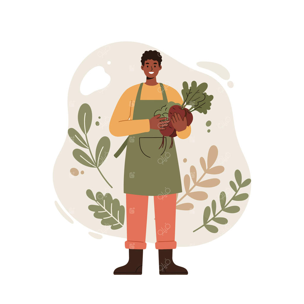 باغبان خندان با چغندر تازه برداشت شده و برگ‌های سبز در پیش‌بند و چکمه در پس‌زمینه‌ای طبیعی از برگ‌ها و گیاهان