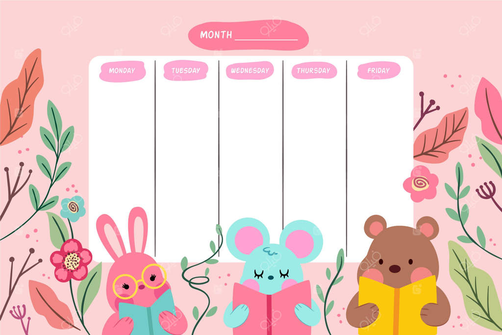 برنامه هفتگی مدرسه با طرح کارتونی حیوانات بامزه