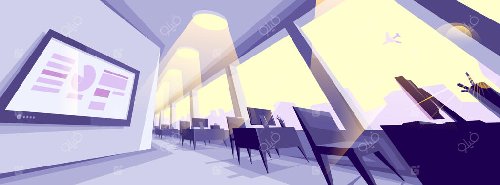 تصویرسازی وکتور فضای داخلی دفتر کار مدرن با پرسپکتیو دفرمه و فضای خالی برای درج متن
