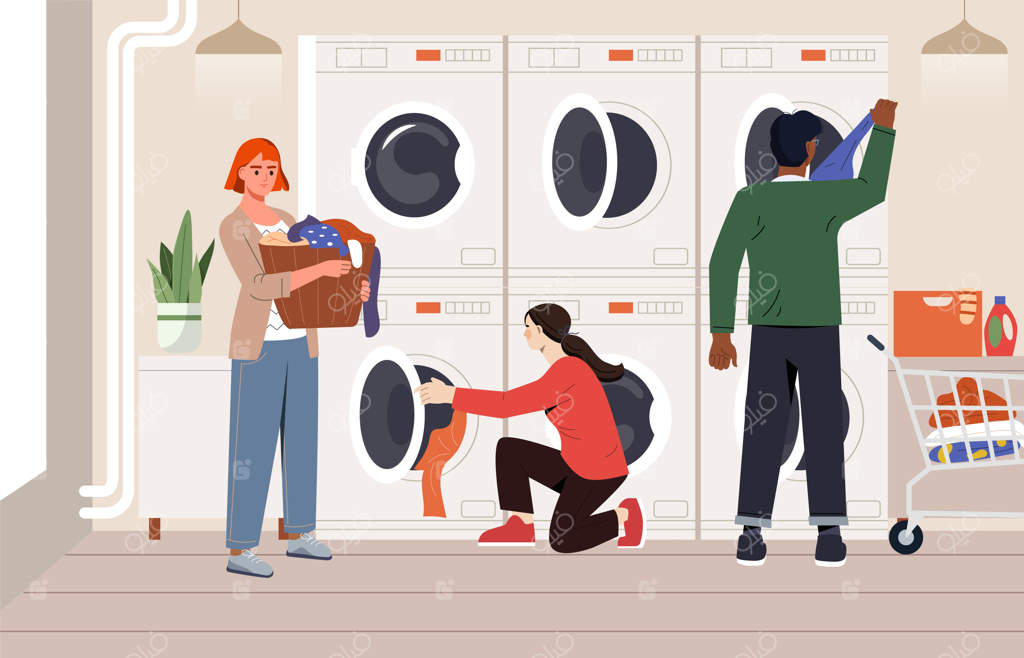 مردم در رختشویخانه عمومی: زنان و مردانی که لباس‌هایشان را به راحتی با ماشین لباسشویی و خشک‌کن تمیز می‌کنند